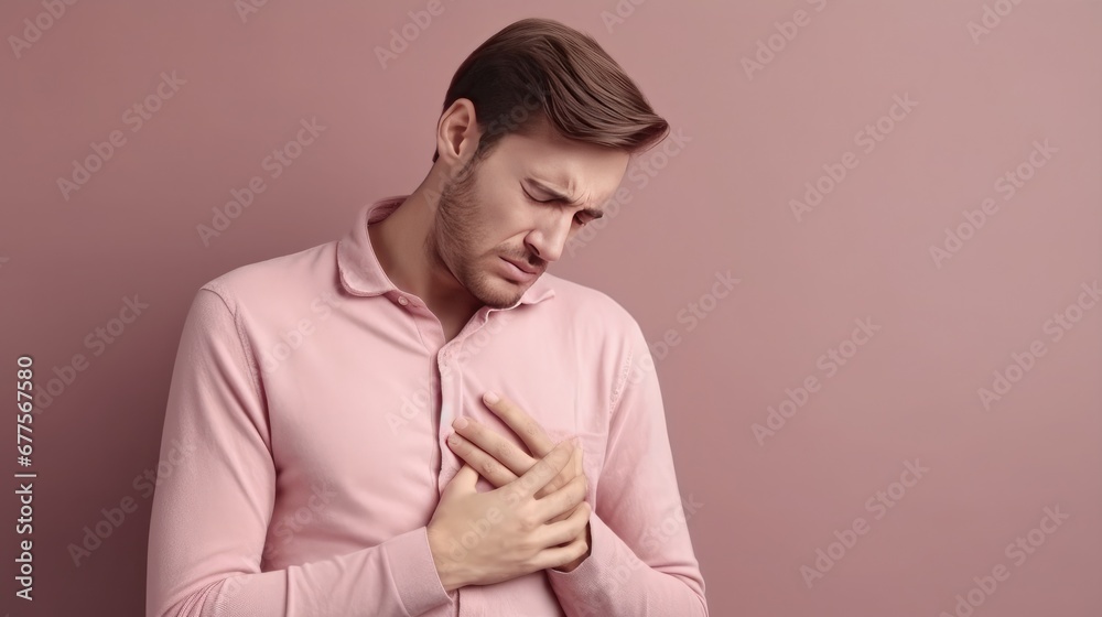 Fototapeta premium The young man has his hand on his chest and is in pain. Symptoms of a cold or flu. Chest pain, cough