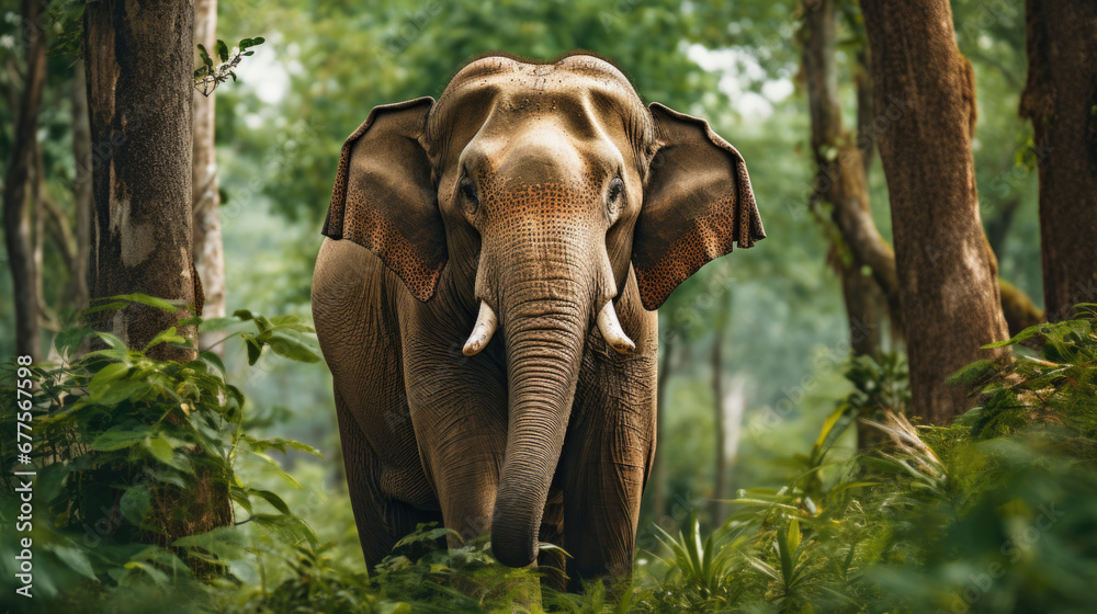 Fototapeta premium Asian elephant or Elephas maximus indicus roadblock walking head on in summer season and natural green scenic background safari