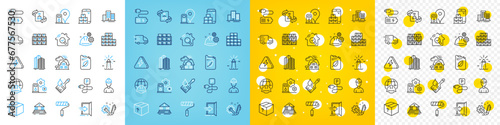 Vector icons set of Truck delivery, Foreman and Lighthouse line icons pack for web with Global engineering, Boxes shelf, Working process outline icon. Brush, Filling station. Vector © blankstock