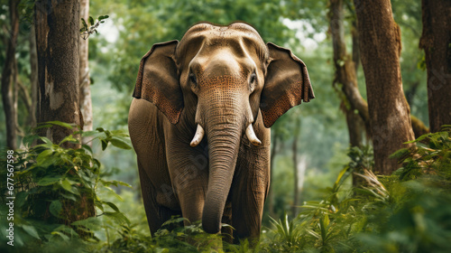 Asian elephant or Elephas maximus indicus roadblock walking head on in summer season and natural green scenic background safari