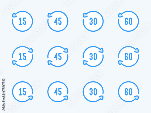 Rotate 15, 30, 45 and 60 degrees vector line icons. Angle of Rotation and Rotating arrow with angle value outline icon set.