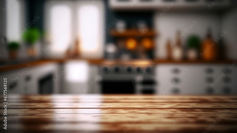 Wooden table top in a blurred kitchen room background. Empty wooden table and a blurred kitchen background. Can be used to showcase or montage your products.