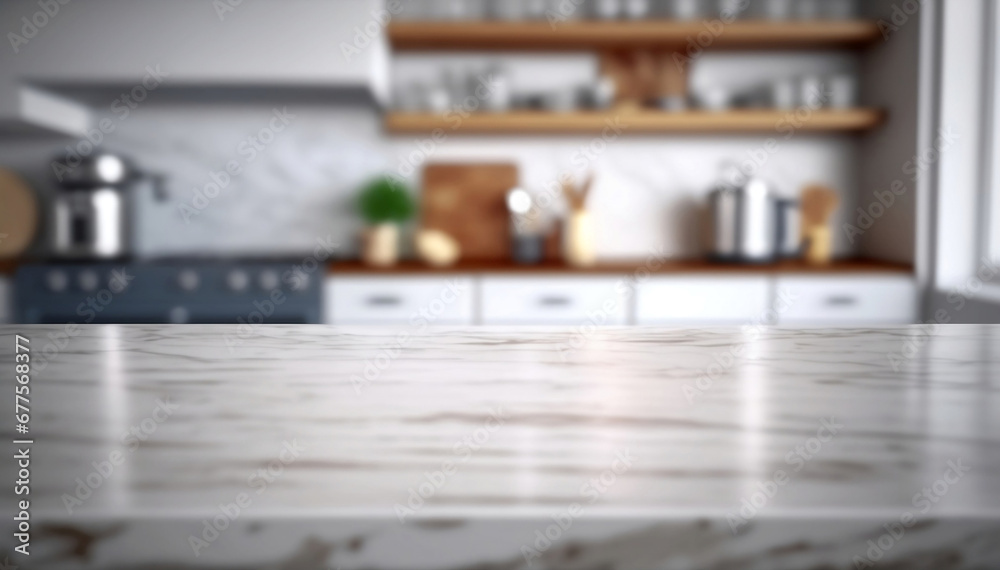 Marble stone table top in a blurred kitchen room background. Empty marble stone table and a blurred kitchen background. Can be used to showcase or montage your products.