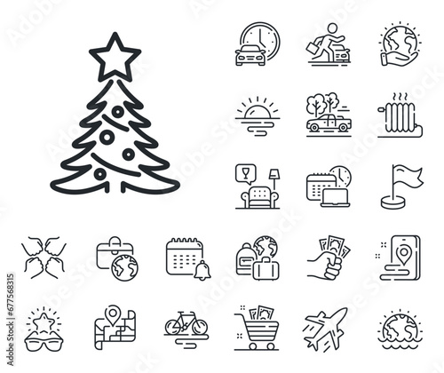 New year spruce sign. Plane jet, travel map and baggage claim outline icons. Christmas tree present line icon. Fir-tree symbol. Christmas tree line sign. Car rental, taxi transport icon. Vector