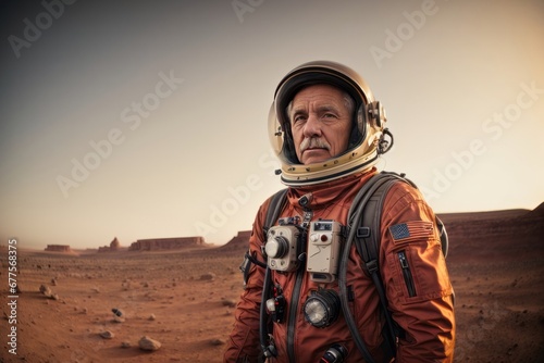 Close-up of an elderly male astronaut wearing an orange spacesuit in the planet Mars. © liliyabatyrova