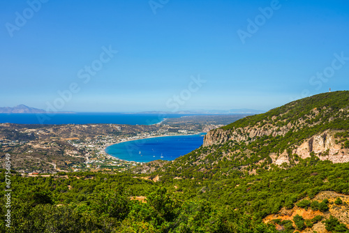 View of the landscape and the Mediterranean Sea from a mountain on the Greek island of Kos. 