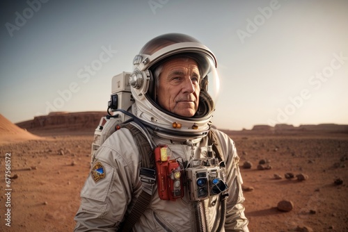 An elderly male astronaut wearing a silver spacesuit in the planet Mars. Copy space. © liliyabatyrova