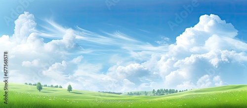The abstract background consists of a beautiful summer landscape with clear blue skies vibrant nature and lush greenery all bathed in the soft light of the sun The space is filled with fluf