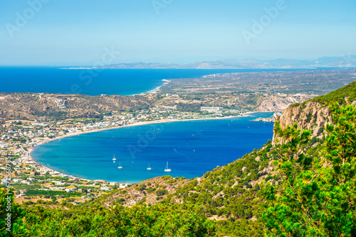 Fototapeta Naklejka Na Ścianę i Meble -  View of the landscape and the Mediterranean Sea from a mountain on the Greek island of Kos.	