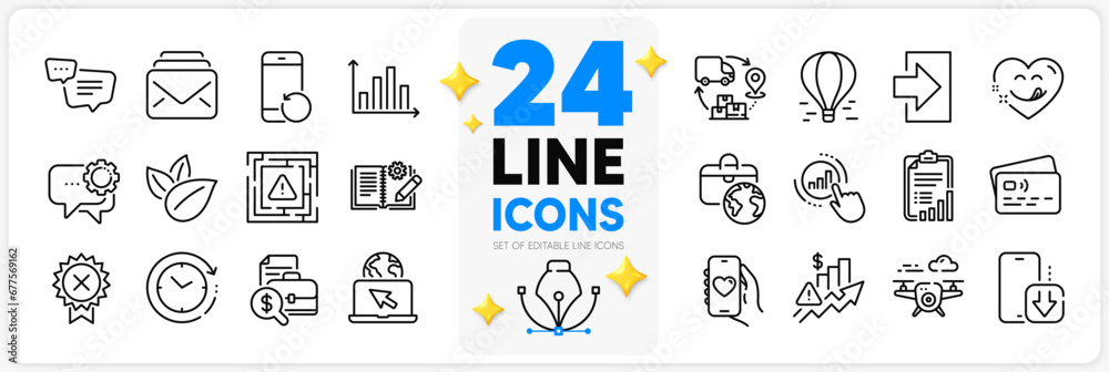 Icons set of Dating app, Air balloon and Engineering documentation line icons pack for app with Yummy smile, Diagram graph, Organic product thin outline icon. Time change, Mail. Vector