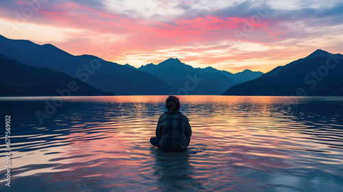 Silhouette of person sitting in the water in front of mountains in the middle of nature