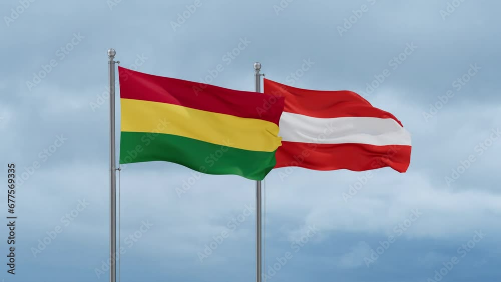 Austria flag and Bolivia flag waving together on cloudy sky, endless seamless loop, two country relations concept Austria flag and Bolivia flag waving together on cloudy sky, endless seamless loop, two country relations concept
