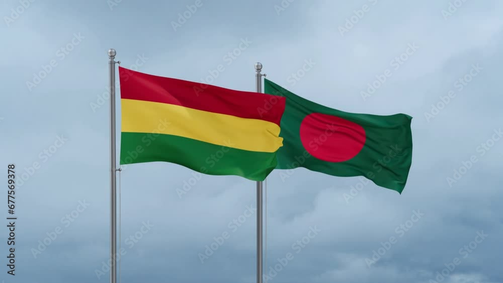 Bangladesh flag and Bolivia flag waving together on cloudy sky, endless seamless loop, two country relations concept Bangladesh flag and Bolivia flag waving together on cloudy sky, endless seamless loop, two country relations concept