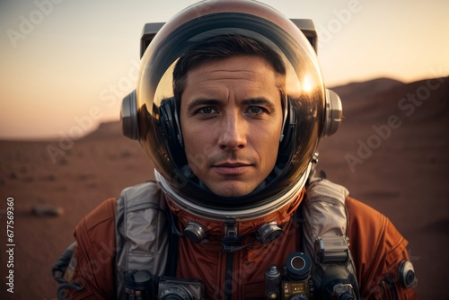 Close-up portrait of a handsome male astronaut wearing an orange spacesuit on the planet Mars © liliyabatyrova