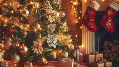 A beautifully decorated fireplace adorned with Christmas tree and presents photo