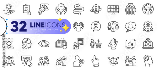 Outline set of Yoga, Teamwork and Engineering line icons for web with Fake information, Inspect, Buying process thin icon. Smile, Lawyer, Cursor pictogram icon. Global business. Vector