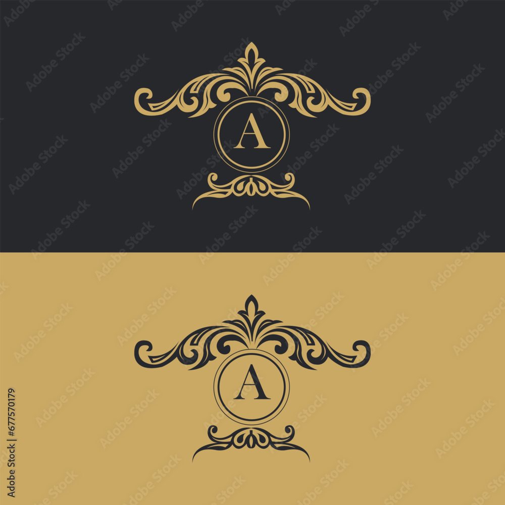Luxury logo template, Luxury A monogram logo template vector object for logotype or badge design. Trendy vintage royal ornament frame illustration, good for fashion boutique, alcohol or hotel brand.