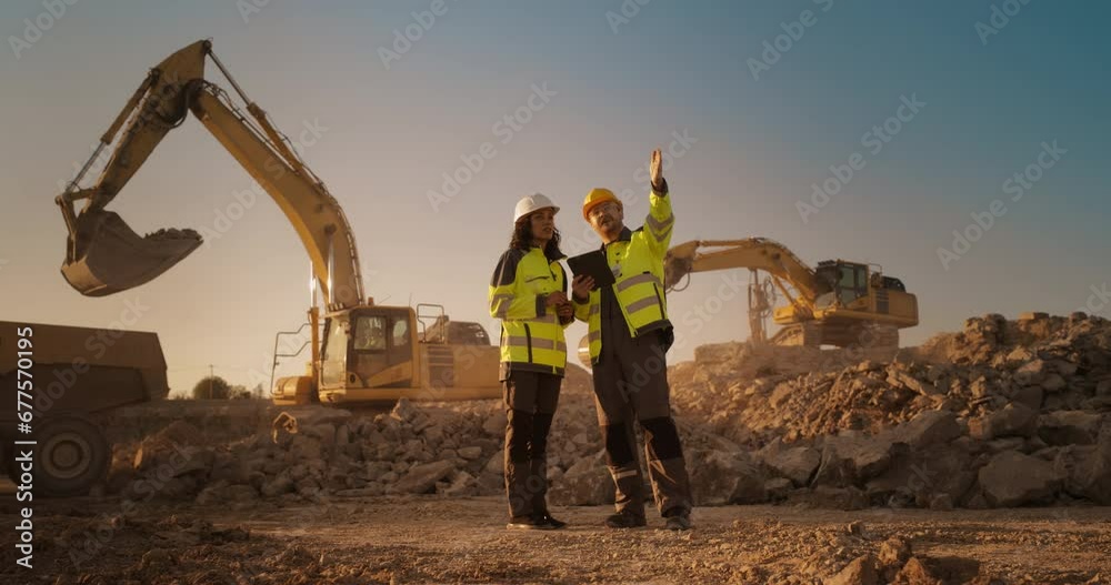 Hispanic Female Inspector Talking to Caucasian Male Land Development Manager With Tablet On Construction Site Of Real Estate Project. Excavators Preparing For Laying Building Foundation. Hot Sunny Day