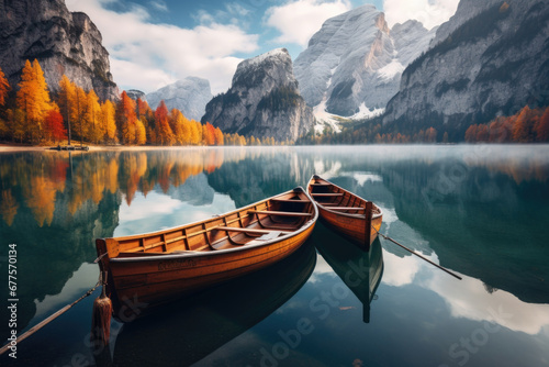 Wooden Boats on the Braies Lake, Pragser Wildsee, in Dolomites mountains, Sudtirol, Italy,autumn photo