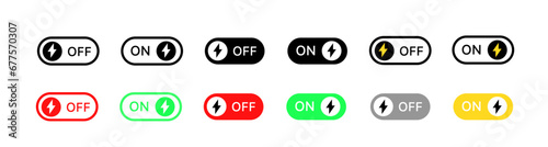 On Off buttons with lightning icons. Different styles, on off buttons, buttons with lightning. Vector icons