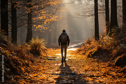 A tranquil forest path covered in autumn leaves, with soft sunlight filtering through the trees, man walking, natural, good lighting condition