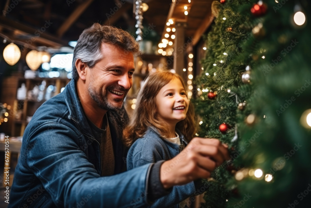 Happy cute little girl decorating Christmas tree with dad. Festive holiday family lifestyle Happy cute little girl decorating Christmas tree with dad. Festive holiday family lifestyle