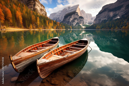 Wooden Boats on the Braies Lake, Pragser Wildsee, in Dolomites mountains, Sudtirol, Italy,autumn