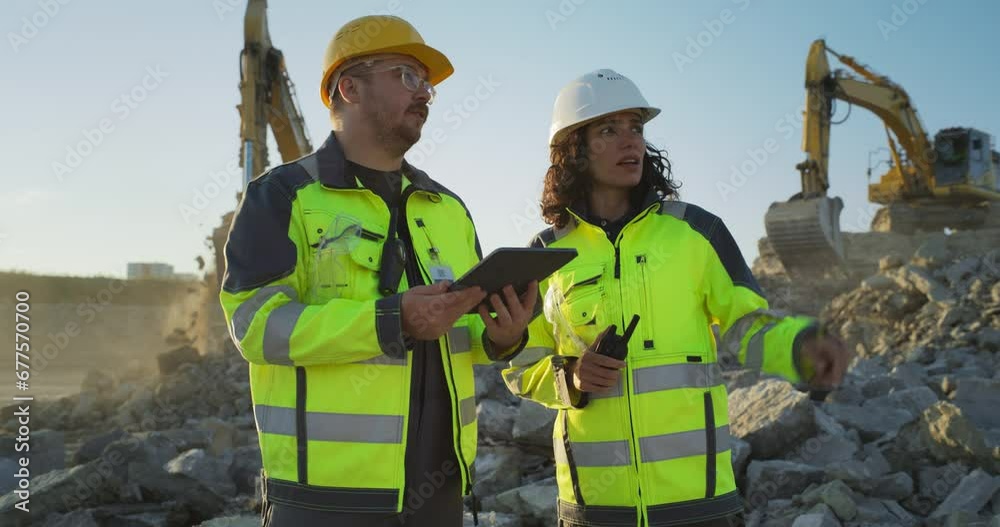 Caucasian Male Civil Engineer Talking To Hispanic Female Architect And Using Tablet On Construction Site of New Apartment Building. Real Estate Developers Discussing Business, Excavators Working.