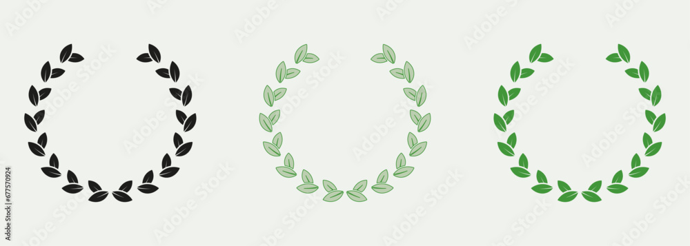 Foliate Round Vintage Victory Emblem. Chaplet, Laurel Wreath Color Icon Set. Winner Award Symbol Collection. Green Leaf Pictogram. Circle Greek Olive Tree Branch. Isolated Vector Illustration