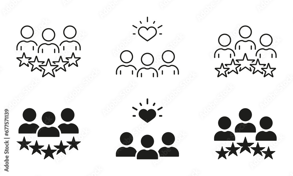 Customer Satisfaction Line and Silhouette Icon Set. Best Service Pictogram. Consumer Review Symbol Collection. Five Stars Feedback, Client Experience, Quality Control. Isolated Vector Illustration