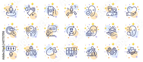 Outline set of Augmented reality, Health skin and Human resources line icons for web app. Include Skin care, Engineering team, Blood donation pictogram icons. Salary, Volunteer. Vector