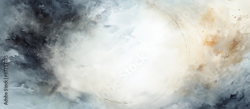 The abstract watercolor illustration of a white circle creates a unique and creative background design incorporating a grunge texture and a light party concept © TheWaterMeloonProjec