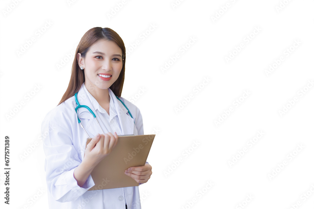 Professional beautiful young Asian woman doctor working at hospital. She wear white robe and stethoscope and hold clipboard in her hands while isolated on white background.