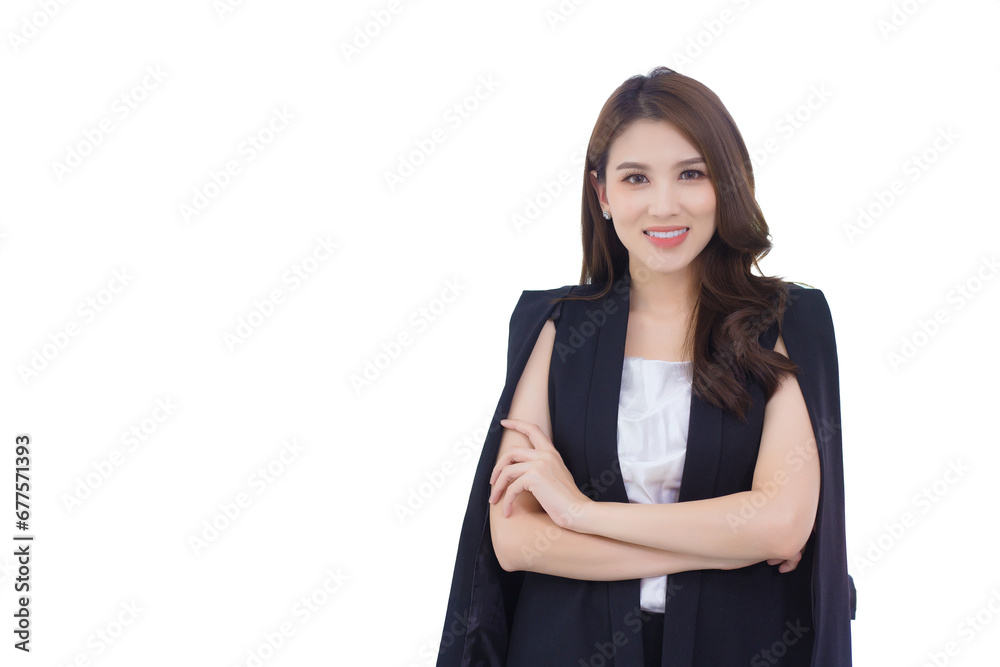 Professional Asian confident working woman who has a long hair with a black suit is standing and arm crossing in work isolated on white background. Professional Asian confident working woman who has a long hair with a black suit is standing and arm crossing in work isolated on white background.