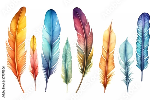 watercolor feather illustration, collection of colorful watercolor feathers. generative ai photo