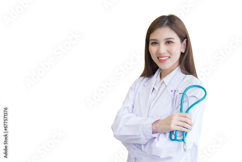 Professional young Asian woman doctor standing with arms crossed happy and smile in hospital. Wearing white robe and stethoscope while isolated on white background.