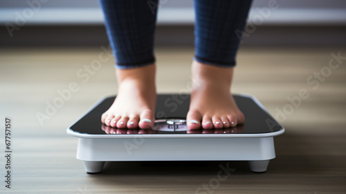 Womans feet weighing on scales. weight loss self car