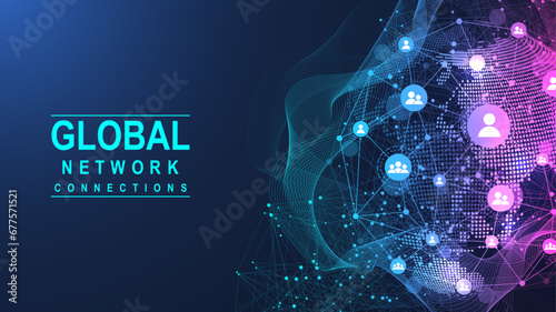 Global network connection concept. Big data visualization. Social network communication in the global computer networks. Internet technology. Business. Science. Vector illustration