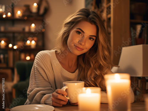 Young woman holding cup with hot drink in a cozy room with candles, winter Christmas relaxing style