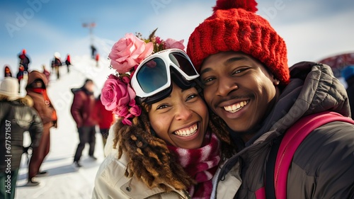 Young smiling African American couple enjoying Valentine's Day on the ski slopes.
