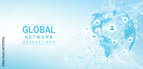 Global network connection concept. Big data visualization. Social network communication in the global computer networks. Internet technology. Business. Science. Vector illustration