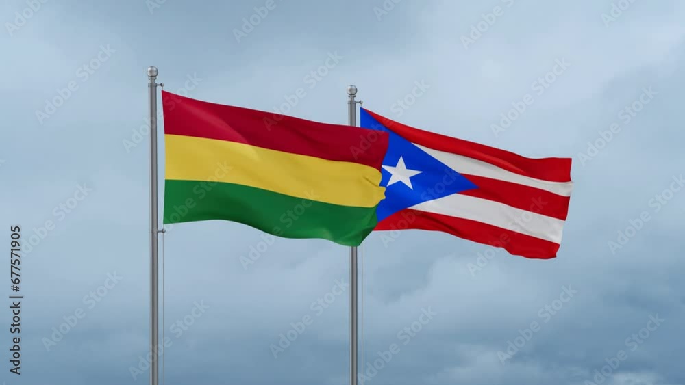 Puerto Rico and Bolivia flag waving together on cloudy sky, endless seamless loop, two country cooperation concept Puerto Rico and Bolivia flag waving together on cloudy sky, endless seamless loop, two country cooperation concept