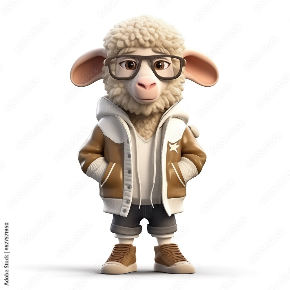 Naklejka premium 3d sheep character wearing trendy casual clothing, isolated on a white background