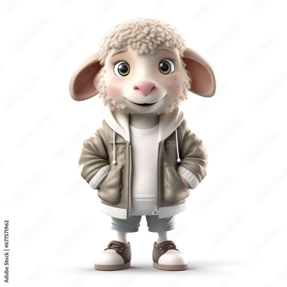 Fototapeta premium 3d sheep character wearing trendy casual clothing, isolated on a white background