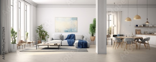 Interior design of modern scandinavian apartment, living room and dining room, panorama 3d rendering, Generative AI photo