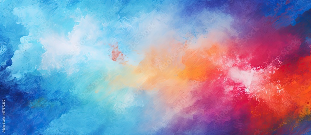 The abstract watercolor art with a blue background and creative brush strokes creates a beautiful texture and design with a rainbow of vibrant red and other colors bordered by an oil drawing