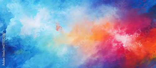 The abstract watercolor art with a blue background and creative brush strokes creates a beautiful texture and design with a rainbow of vibrant red and other colors bordered by an oil drawing