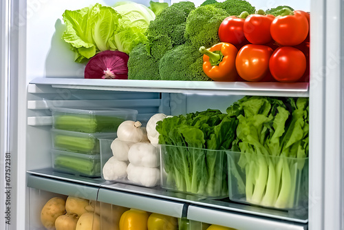 Open fridge full of fresh fruits and vegetables, healthy food background, organic nutrition, health care, dieting concept
