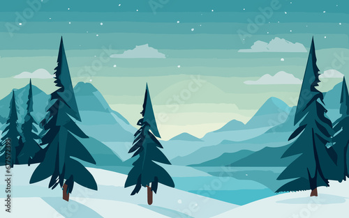 Vector illustration: Winter snowy Mountains landscape with hills