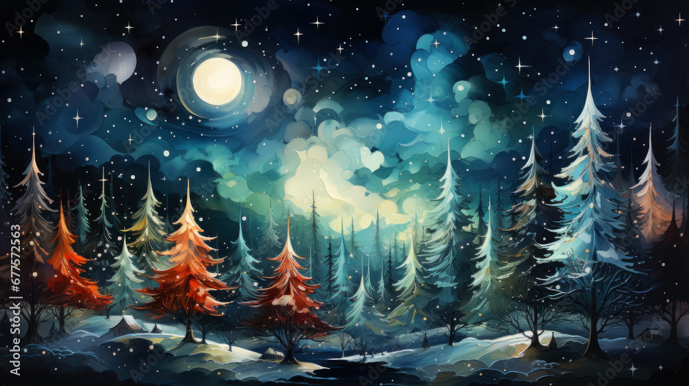 Christmas winter colorful landscape at night with fir trees, snow and lights in watercolor style. Christmas winter colorful landscape at night with fir trees, snow and lights in watercolor style.